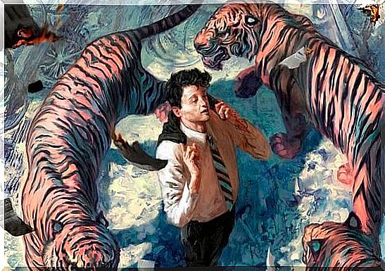 Man-surrounded-by-tigers