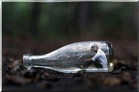 Man in a bottle because he is afraid of conflict