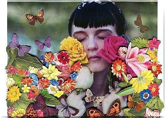 Girl with flowers and butterflies