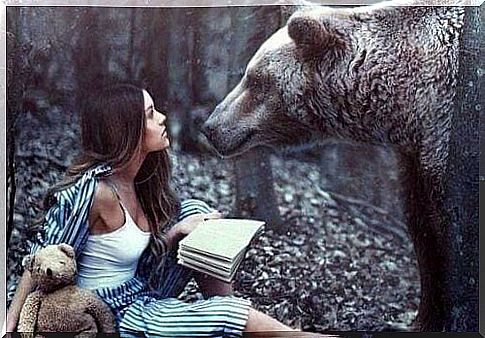 girl in the middle of a forest facing a bear